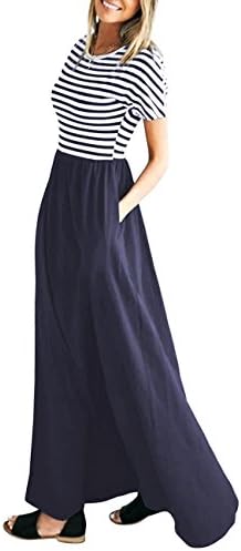 WEANIA Women's Maxi Dress Floral Printed Summer Scoop Neck Casual Dress Elastic Wrist 3/4 Sleeve Tunic Dress for Women (Blue Stripe, Large)