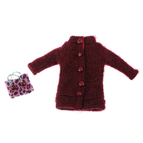 Jili Online Trendy Wine Red Doll Coat and Handbag for 12'' Blythe Dolls Clothes Dress Up Accessories