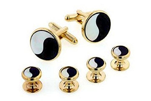 JJ Weston Yin and Yang Mother of Pearl and Onyx Tuxedo Cufflinks and Shirt Studs. Made in the USA.