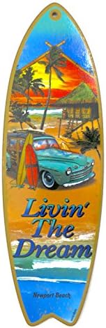 Newport Beach , surf board, " Livin's the dream", Souvenir wood Wall Decor, size 5" x 16", 3go