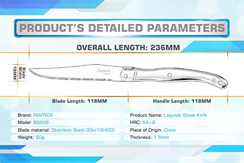 [Set of 6]Steak Knives,Silverware Set,FANTECK 18/10 Stainless Steel Serrated Sharp Light Premium Laguiole Dishwasher Safe Polished Table Dinner Cutlery Flatware Kitchen Steak Knives Gift Box-Silver 9" - Thumbnail 6