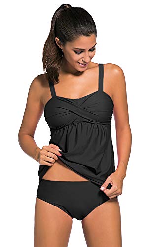 Agreya Women Two Pieces Swimwear Tankini Top with Triangle Bikini Simsuits (Black, XXL)