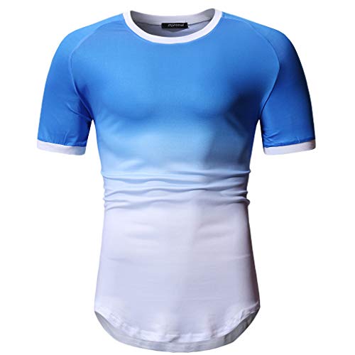 iYBUIA Summer Men's Patchwork Graduated Short Sleeved T-Shirt Top Blouse Blue