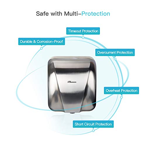 PLUSSEN High Speed Automatic Electric Commercial Hand Dryers for Bathrooms Commercial 1800W Heavy Duty Stainless Steel Hot Air Compact Hand Dryer Blower, Fast Drying in 10 Seconds