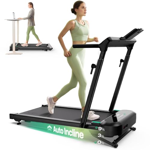 UREVO Foldimix 5L Treadmills for Home, Dual Brushless Motorized 3.0HP ，9% Auto Incline Walking Pad with Adjustable Handle Bar, Multi-Functional, 14-Point Shock Absorption, Standing Desk Treadmill