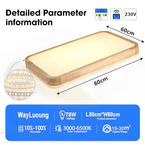 WayLuoung LED Wood Ceiling Light | 80 x 60 cm 3000-6000 K 78 W | Rectangular Natural Wood Lamp 360° Glow for Bedroom Living Room Children's Bedroom Kitchen Room (Dimmable with Remote Control)