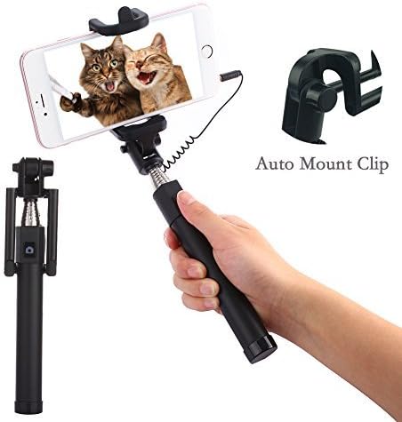 3.5mm Selfie Stick with Cable Auto Mount Clip Portable Extendable Monopod Wired Battery-Free Photo Stick Selfie Cellphone Accessories for Galaxy S9/S9 Plus/S8/S8 Plus/Note 8