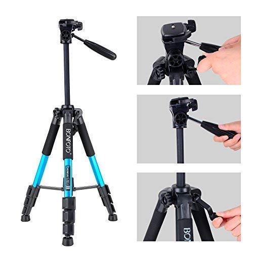 BONFOTO Q111 Portable Pro 55-inch Tripod Compact Lightweight Camera Stand with Phone Holder Mount and Quick Release Pan Head Plate for Smartphones Digital SLR Canon EOS Nikon Sony Samsung(Blue)