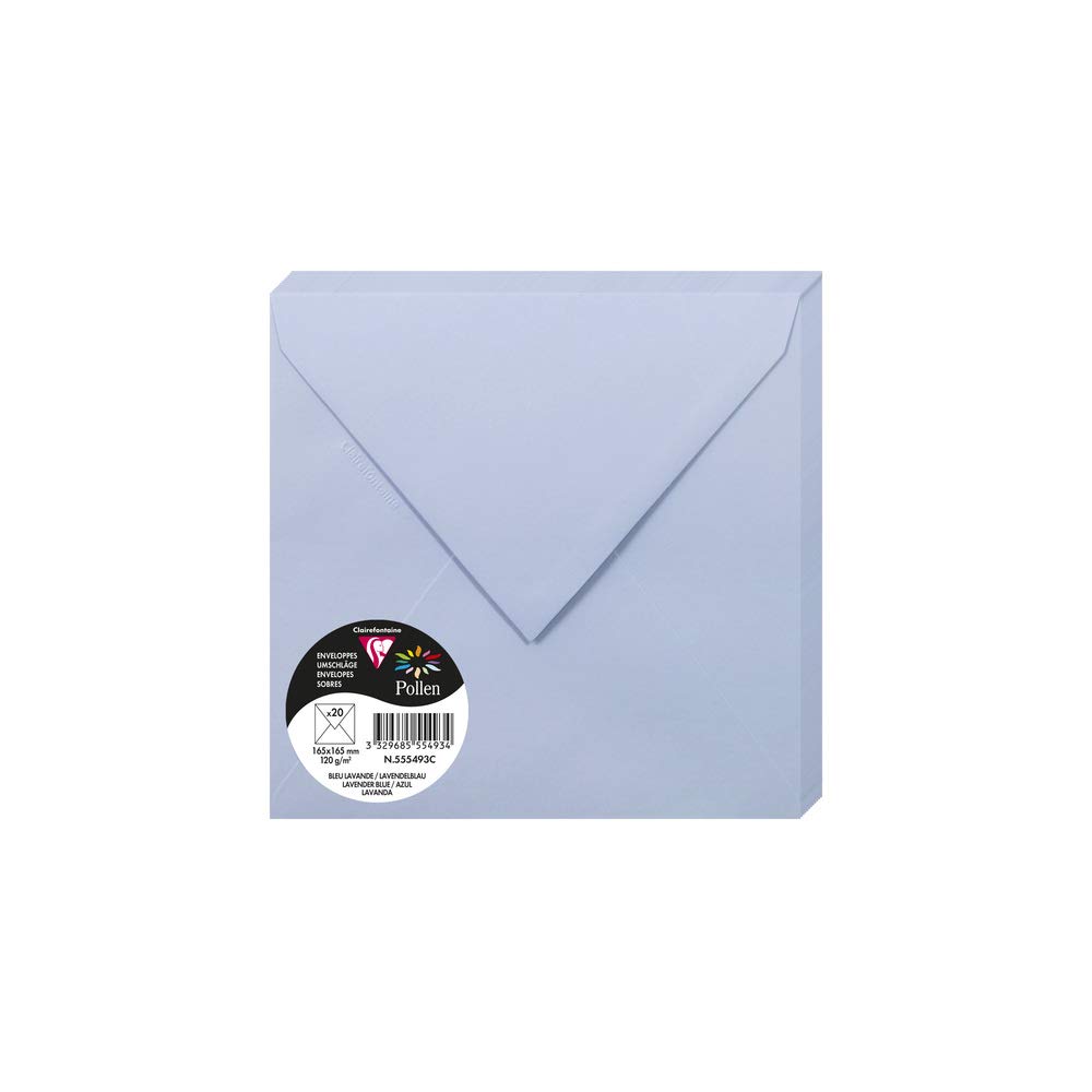 Clairefontaine 555493C Pack of 20 Gummed Envelopes Square 16.5x16.5cm 120g/m² Lavender Blue Invitation Event Correspondence Pollen Range Smooth Premium Paper — image 1