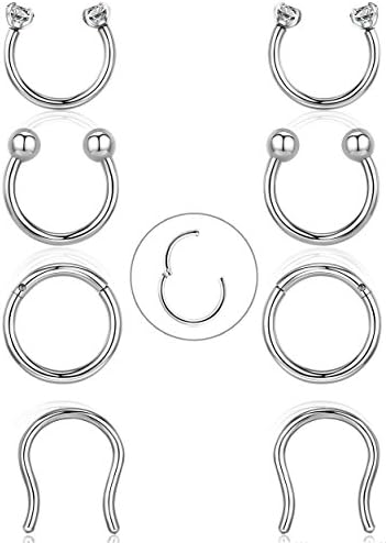 Fystir 8Pcs 316L Stainless Steel Septum Piercing Nose Rings Hoop Cartilage Tragus Retainer Body Piercing Jewelry 8MM 16G (8pcs)