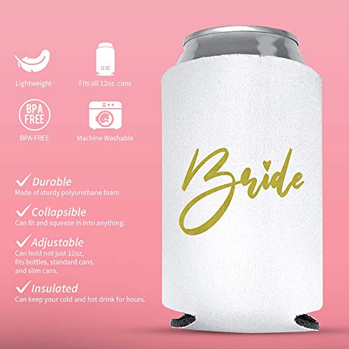 Coolies Can Coolers Insulated Collapsible Beer Soft Drinks Bottle Soda Can Sleeves (Bride & Bride Drinking Team) Durable Insulators Premium Quality for Bachelorette Party (Set of 12) White and Blush