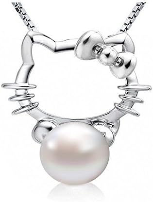 Junhe pearl 925 Sterling Silver Lovely Cat Freshwater Pearl（AAA） Necklace Womens (Hello Kitty)