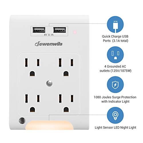 DEWENWILS 4Outlet Extender, Wall Outlet Adapter with 2 USB Ports(3.1A