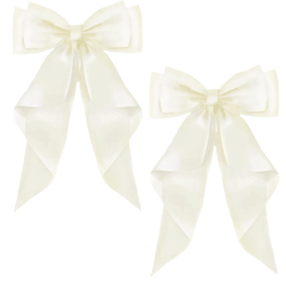 ZEVONDA Pack of 2 Big Bow Hair Clips - Solid Color Large Bowknot Hairpin Hair Clip with Long Silky Satin Tail Hair Barrettes Accessories for Girls Women, Milky White