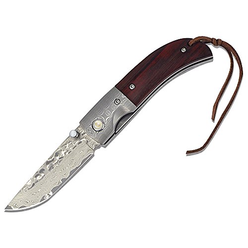 KUBEY Hunting Folding Knife Damascus Steel Blade Thumb Open Gentlemans Pocket Knife for Outdoor Camping Tactical Survival Tool(#DM051-Rosewood Handle) - Thumbnail 6