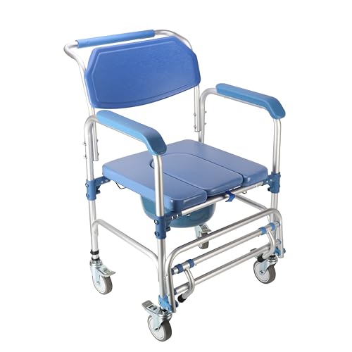 ybaymy 4-in-1 Wheeled Shower Chair, Bathroom Shower Chair with Wheels for Elderly, Waterproof Wheeled Commode Toilet Chair with Removable Bucket, Bedside Commode Chair on Wheels for the Disabled