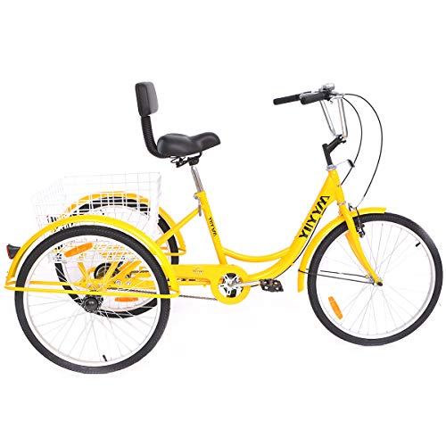 YiiYYaa Adult Tricycle Trike Cruise Bike, 24 Inch Wheel Single Speed 3 Wheeled Bicycle with Large Size Basket for Recreation, Shopping, Exercise (Yellow) - Thumbnail 3