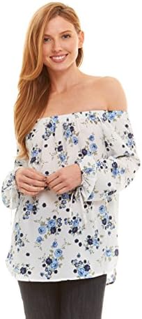 No Comment Womens Plus Size Elastic Neck Off Shoulder Tie Sleeve Shirttail Hem Top, White/Peacoat Fantasy Floral, Size 2X