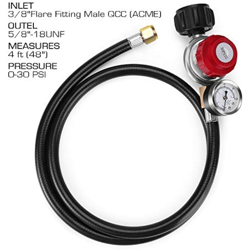 WADEO 4FT 030PSI Adjustable High Pressure Propane Regulator Hose Gauge