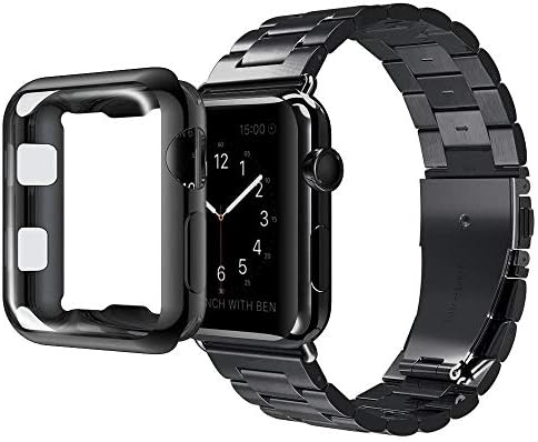 U191U Compatible with Apple Watch Band Series 4/3/2/1, Stainless Steel Bracelet Strap w/Adapter+ TPU Soft Case Cover for iWatch 38/40/42/44mm (Black 44mm)