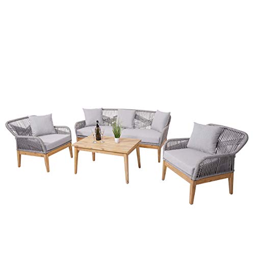 Mendler Gartengarnitur HWC-H56, Lounge-Set Sitzgruppe Sofa, Seilgeflecht Rope Holz Akazie Spun Poly FSC- Kissen hellgrau – Bild 3