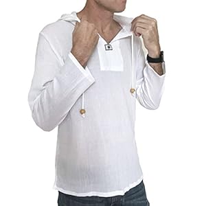 Men’s Sun Hoodie Hippie Shirt 100% Cotton Top (Small, White)