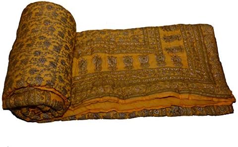 DRaX Pure Cotton Jaipuri Razai Sanganeri Print Double for Bed Bed Quilt Blanket - Yellow 2