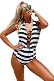 Aleumdr Womens Striped Printed High Waisted Lace Up Backless Halter One Piece Swimsuit