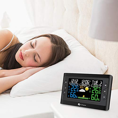 Dr. Prepare Digital Weather Station Wireless Indoor Outdoor Thermometer with 7.6" Colored LCD, Adjustable Brightness, Accurate Indoor Temperature and Humidity, Alarm, and Battery Backup (Black)