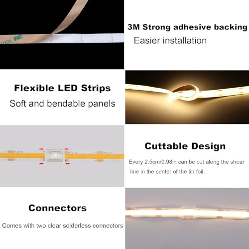 TOPAI COB LED Strip 12 V Warm White Outdoor Waterproof IP65, 5 m LED Strip 3000 K Self-Adhesive, Cuttable, CRI>90, 480LEDs/M High Density, Width 8 mm, for Kitchen, Cabinet, Home Decoration