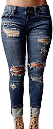 Ptyhk RG Women Ripped Hole Jeggings Cotton Elastic Waist Leggings Skinny Capri Pants As picture L