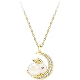 Dtja Gold Plated Rabbit Moon Pendant Necklace for Women Girls Cubic Zirconia Artificial Jade Bunny Animal Adjustable Choker Chain Necklaces Delicate Cute Easter Birthday Holiday Jewelry Gift 18 inch