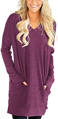 XUERRY Womens Casual V-Neck Long Sleeves Pocket Solid Color Sweatshirt Tunics Blouse Tops