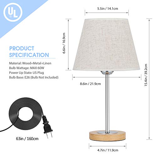 Nightstand Table Lamp for Bedroom, Small Wood Desk Lamps Set of 2, Modern Bedside Lamp with Linen Shade for Dressers, Coffee Table, Nursery, Bookcase, Sliver