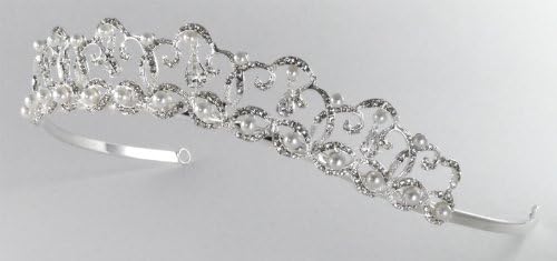 Charming Bridal Tiara of Dangling Austrian Teardrop Rhinestones, Pearls and Rhinestone-Encrusted Scrolls for Wedding, Prom, Pageant, Quinceañera or Other Special Events #85J9