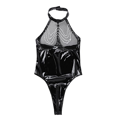TiaoBug Damen Leder Body Ouvert-Slip Neckholder Netz Top Rückenfrei Stringbody mit Brust Kette Frauen Transparent… – Bild 5