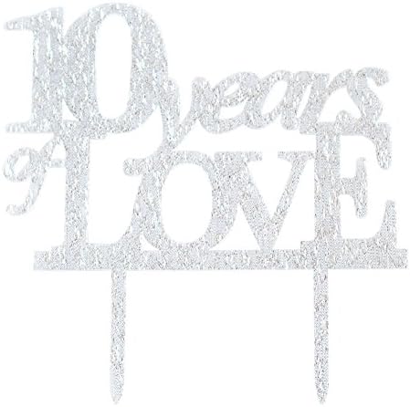 Glitter Silver Acrylic 10 Years Of Loved Cake Topper Decoration, 10th Birthday Anniversary Party Cupcake Topper Decor (10, silver)
