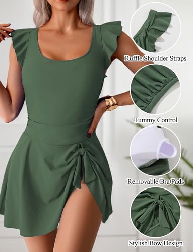 SEAUR One Piece Swimsuits for Women Modest Tummy Control Swimdress Vintage Knotted Bathing Suits Skirt