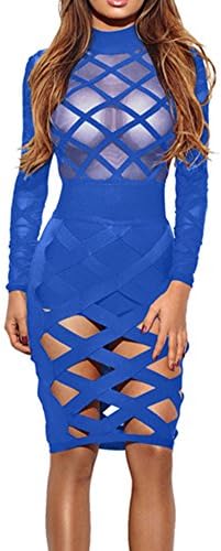 Wuxh Women's Sexy Long Sleeve Hollow Out Cocktail Clubwear Party Mini Bandage Bodycon Dress (Medium, Style1-Blue)