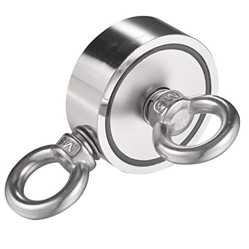 Wukong Second-Generation Neodymium Fishing Magnets (Double-Sided Magnetic) Round Neodymium Magnet with Eyebolt, Combined 600 LBS Pulling Force, 2.36" Diameter - Magnet for River or Lake Fishing.