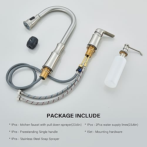Oulantron 3 Hole Kitchen Faucet with Pull Down Sprayer Kitchen Faucet with Soap Dispenser, High Arc Pull Out Kitchen Sink Faucet Brushed Nickel Commercial Kitchen Faucets