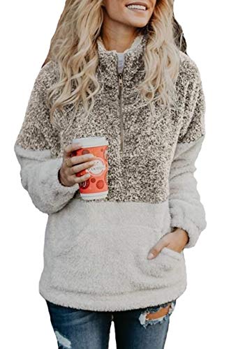 Takakei Women Long Sleeve Zipper Sherpa Sweatshirt Soft Fleece Pullover Outwear Coat (US 10-12, Khaki)