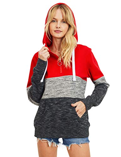 Women's Ultra Soft Fleece Tri-Color Block 1/4 Zip-Up Pullover Hoodie Sweatshirt, Red, Large