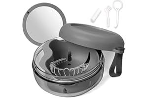 LOEVCC Leakproof Denture Bath Case, Denture Cup Kit with Cleaner Brush, Portable Retainer Case for Traveling, Denture Box with Strainer & Magnetic Mirror for Retainer, Mouth Guard, Denture (Grey)