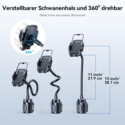 TECKNET Mobile Phone Holder for Car 2-in-1 - Car Mobile Phone Holder for Ventilation Holes & Cup Holder, Bendable Neck, 360° Rotation, One Button Release, 100% Scratch Protection for iPhone, Galaxy, All Smartphones