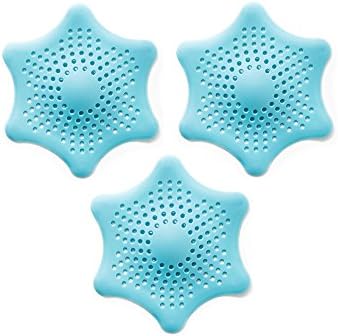 Eunion Hexagonal Starfish Shaped Rubber Sink Strainer Floor Drain Cover Hair Catcher Rubber Shower Trap Basin Filter For Bathroom Kitchen-Blue, 3 Pack