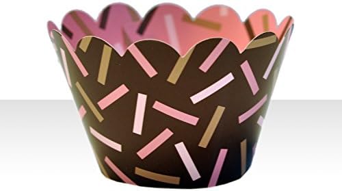 Pink/Chocolate Sprinkles Cupcake Wrappers for Weddings, Birthday Parties, Baby Showers. Set of 24 Reversible Cup Cake Holder Wraps. White, Pink, Brown
