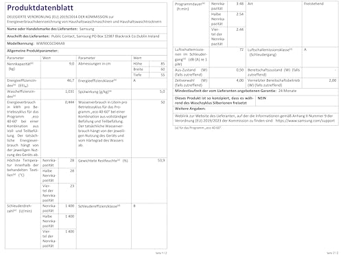 Samsung Waschmaschine, 9 kg, 1.400 U/min, EEK: A, Mikroplastik-Programm, Ecobubble, 14 Programme, WiFi SmartControl, Schwarz, WW90CGC04AABEG 9