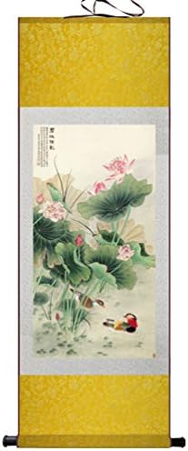 Pjinge Golden Silk Scroll Painting Home &amp; Office Wall Hanging Art Gift (Lotus &amp; mandarin ducks)