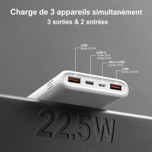 Batterie Externe 10000mAh, 22.5W Power Bank Charge Rapide Ultra Mince — photo 6 sur 7